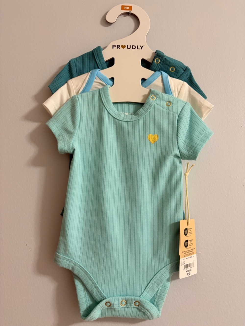 Baby Ribbed Short-Sleeve Bodysuit - Mint with Yellow Heart (3-Pack)